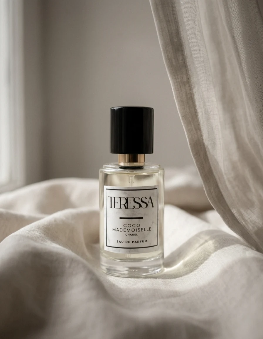 Perfume Teressa Cocomademoiselle sobre tela blanca